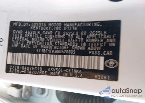 2016 Toyota Camry Le z USA, uszkodzony, nr VIN 4T1BF1FK9GU570809